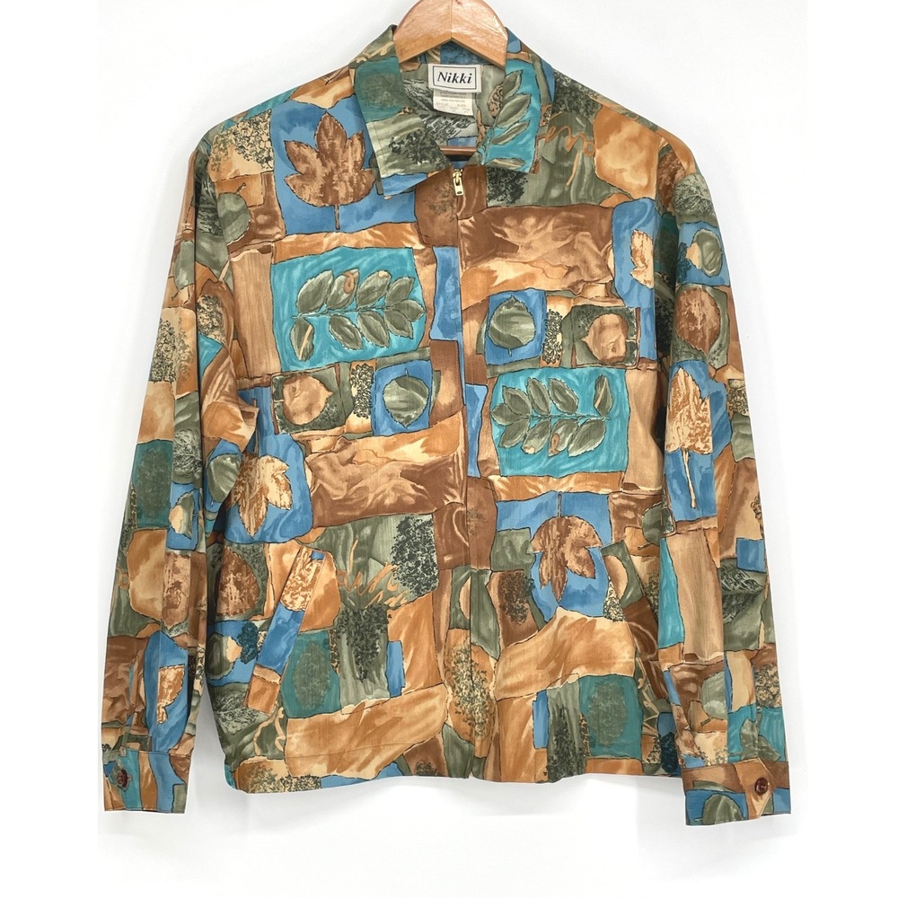 Vintage Nikki Women Jacket Medium Zip Up Multicolor Abstract Leaf Print Y2K Boho